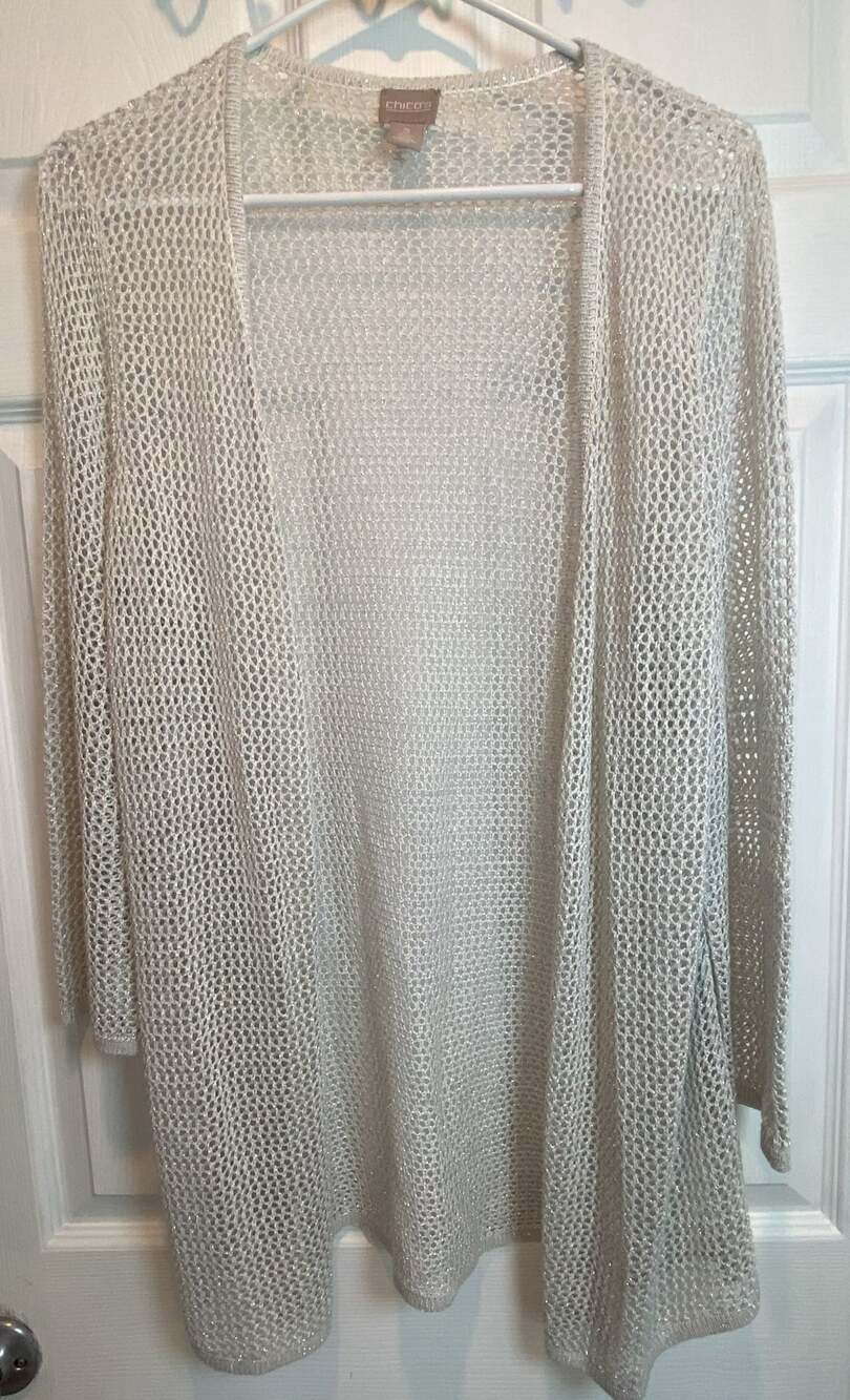 Chico's Cardigan Size 2 Silver Metallic Open Front Crochet Knit